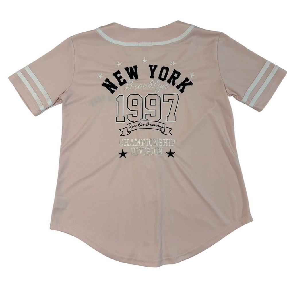 Cult Favorite Baseball Brooklyn 1997 Jersey Top Pink Small Sporty Varsity Chic